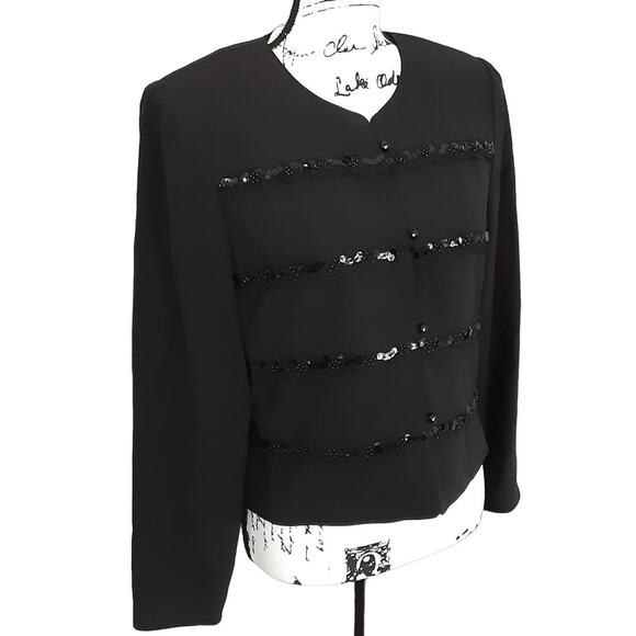Vintage 90s Black Sequin Blazer Round Neck Jacket Button Front Shoulder Pads 12 - Picture 2 of 12